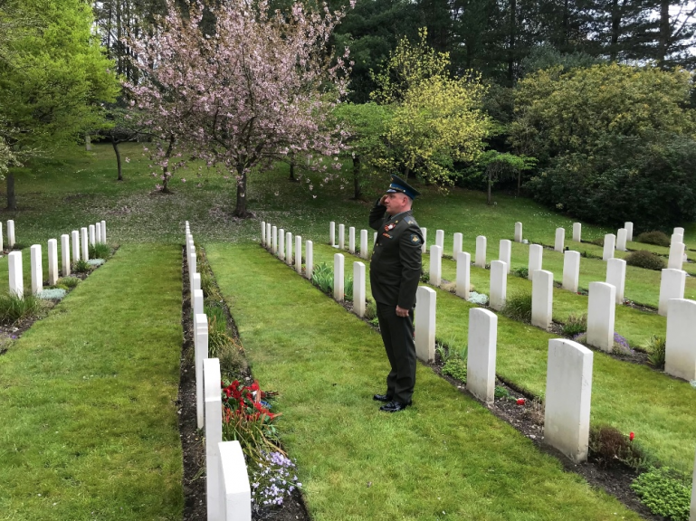 On Victory Day Ambassador Andrei Kelin laid flowers at the grave of the Soviet soldier at the Aldershot Military Cemetery